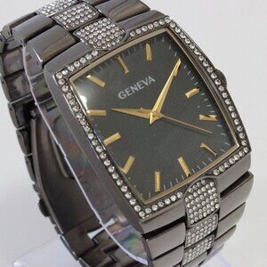 Geneva Men's Tank Style Quarts Watch Gun Metal Grey With Stone Accents 37mm